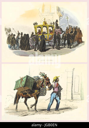 Double old illustration of Neapolitan people and life. By Duclere, Palizzi and Fusaro, publ. on Usi e Costumi di Napoli.., Ed. Nobile, Napoli, 1853-58 Stock Photo