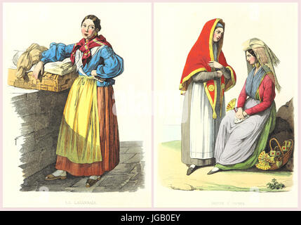 Double old illustration of Neapolitan people and life. By Palizzi and Martorana, publ. on  Usi e Costumi di Napoli..., Ed. Nobile, Napoli, 1853-58 Stock Photo