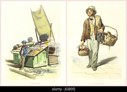 Double illustration of Neapolitan people and life. By Duclere and Palizzi, publ. on Usi e Costumi di Napoli..., Ed. Nobile, Napoli, 1853-58 Stock Photo