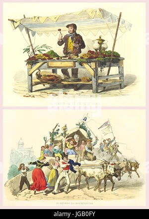 Double illustration of Neapolitan people and life. By Palizzi, Mattei and Cucinotta, publ. On Usi e Costumi di Napoli..., Ed. Nobile, Napoli, 1853-58 Stock Photo