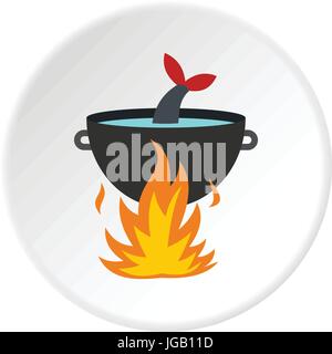 Cooking fish soup on a fire icon circle Stock Vector