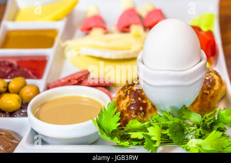 Closeup of traditional Turkish breakfast served in a restaurant Stock Photo