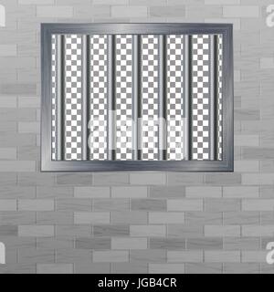 Window In Pokey With Bars. Brick Wall. Vector Jail Break Concept. Prison Grid Isolated. Stock Vector