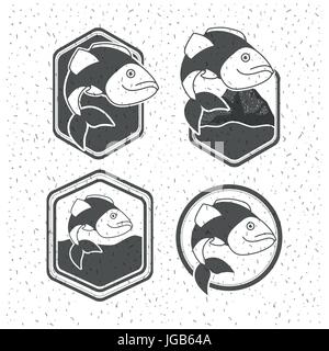 white background with sparkle of silhouette set shield emblem with types of fish Stock Vector