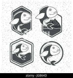 white background with sparkle of silhouette set shield with types of fish Stock Vector