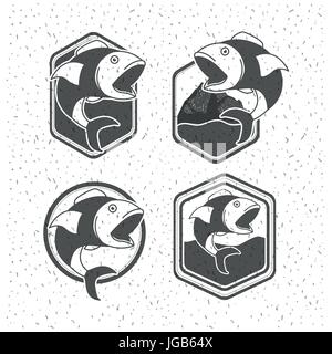 white background with sparkle of silhouette set shield with types of fish big mouth open Stock Vector