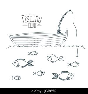 monochrome sketch silhouette boat fishing club and fish in the water Stock Vector