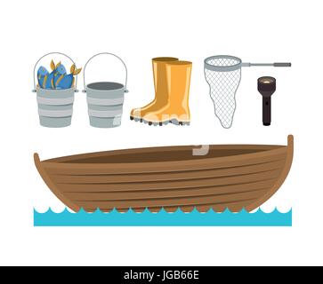 colorful silhouette boat in water waves and set collection elements to fishing Stock Vector
