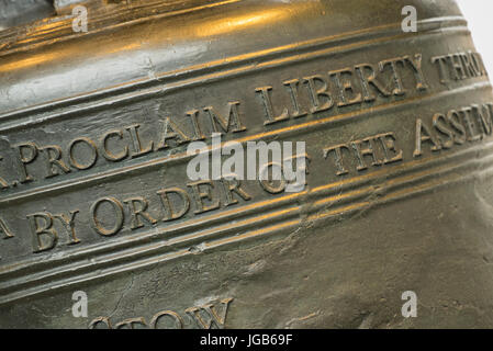 Focus on Proclaim Liberty on the Liberty Bell in Philadelphia, Pennsylvania Stock Photo