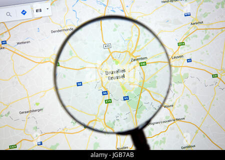 Map of Brussels on Google Maps under a magnifying glass. Stock Photo