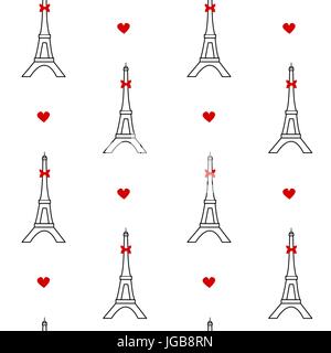 cute black white red seamless vector pattern background illustration with eiffel tower and hearts Stock Vector