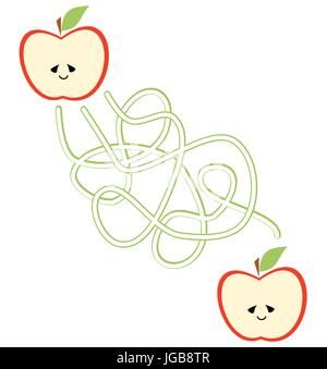 cute cartoon vector illustration of education paths or maze game for preschool children with apple Stock Vector