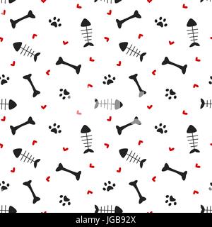 cute black white red seamless vector pattern background illustration with bones, hearts, paws and fish bones Stock Vector