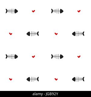 black white red seamless vector pattern background illustration with fish bones and hearts Stock Vector