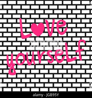 cute hand drawn pink love yourself lettering inspirational quote vector card illustration on brick wall background Stock Vector