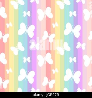 cute white butterflies on rainbow colorful stripes seamless vector pattern background illustration Stock Vector