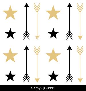 gold black white seamless vector pattern background illustration with arrows and stars Stock Vector