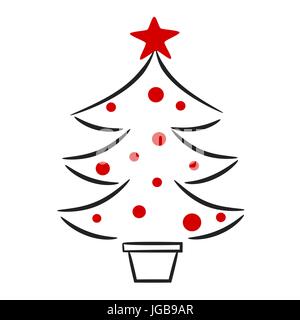 cute hand drawn black white red christmas tree linear vector illustration Stock Vector