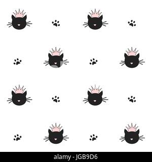 cute black cats silhouette with pink crown seamless vector pattern background illustration Stock Vector