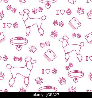 Seamless pattern with poodle silhouette, comb, collar, dog tracks and hearts. Design for banner, poster or print. Stock Vector
