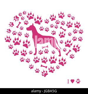 Nice picture of great dane silhouette on a background of dog tracks and bones in the form of heart on a white background. Stock Vector