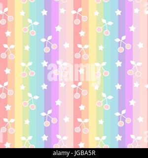 cute cartoon cherries on rainbow colorful stripes seamless vector pattern background illustration Stock Vector