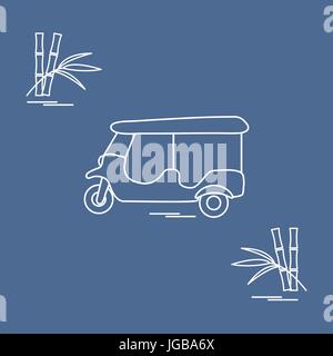 Stylized icon of tuk-tuk and bamboo. Traditional taxi in Thailand, India. Design for banner, poster or print. Stock Vector