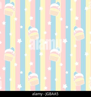 cute cartoon cupcakes on colorful stripes seamless vector pattern background illustration Stock Vector