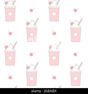 cute cartoon pink take-out plastic cup with whipped cream and cherry seamless vector pattern background illustration Stock Vector