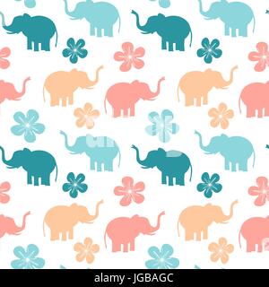 cute colorful seamless vector pattern background illustration with elephants and flowers Stock Vector