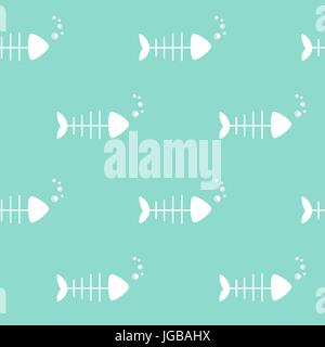 cute white fish bone in blue sea seamless vector pattern background illustration Stock Vector