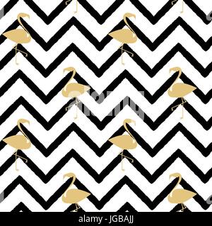flamingo gold silhouette on abstract black chevron pattern seamless background illustration Stock Vector