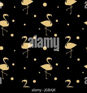 black and gold seamless vector pattern background illustration with flamingos and circles Stock Vector