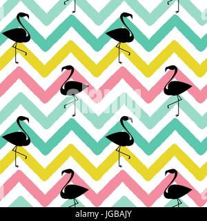 flamingo black silhouette on abstract colorful chevron pattern seamless background illustration Stock Vector