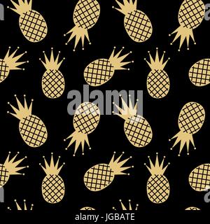gold pineapples seamless vector pattern illustration on black background Stock Vector