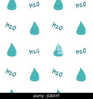 cute cartoon blue water drops and h2o text seamless vector pattern background illustration Stock Vector