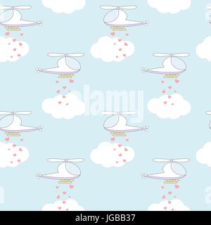 cute cartoon helicopter in the sky seamless vector pattern background illustration Stock Vector
