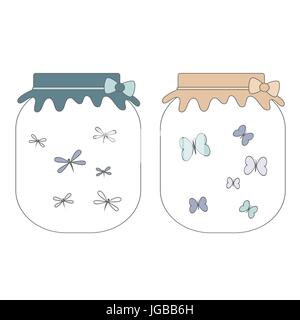 cute jar set with butterflies and dragonflies vector illustration Stock Vector