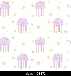 cute cartoon jellyfish seamless vector pattern background illustration Stock Vector