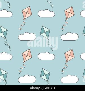 cute colorful cartoon kites in the blue sky seamless vector pattern background illustration Stock Vector