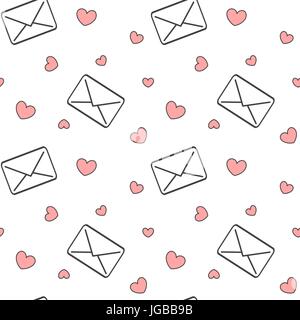black and white love mail letters with red hearts seamless vector pattern romantic background illustration Stock Vector