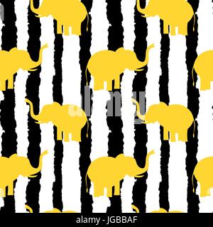 cute yellow elephants silhouette on black and white grunge stripes seamless vector pattern background illustration Stock Vector