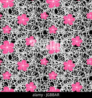 black and white abstract seamless vector pattern background illustration with lines and pink flowers Stock Vector