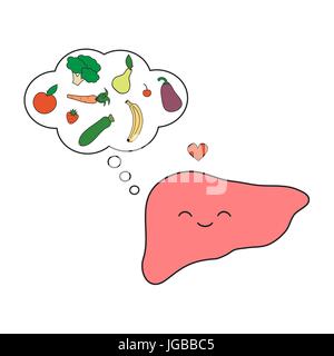 Cute and funny, smiling human liver character thinking healthy foods cartoon vector concept illustration isolated on white background Stock Vector