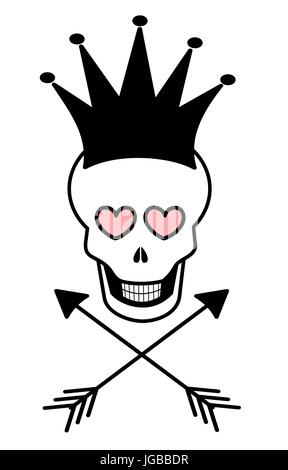 black white pink vector illustration with skulls with crown, arrow and hearts Stock Vector