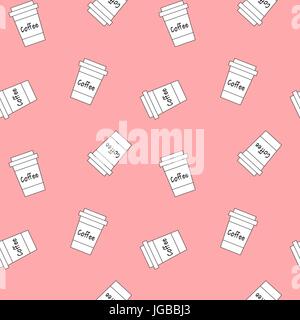 cute white cartoon paper cup coffee on pink background seamless vector pattern illustration Stock Vector