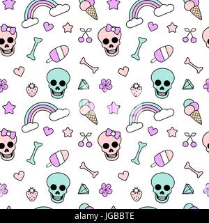cute colorful seamless vector pattern background illustration with skulls, bones, rainbow, ice cream, hearts, stars, strawberries, flowers and cherrie Stock Vector