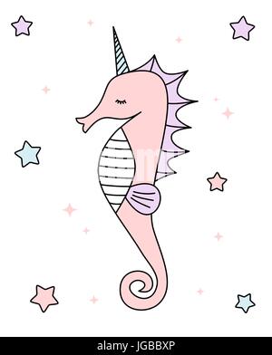 cute cartoon colorful unicorn seahorse vector illustration isolated on white background Stock Vector