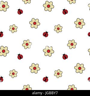 cute daisy flowers and ladybugs seamless vector pattern background illustration Stock Vector