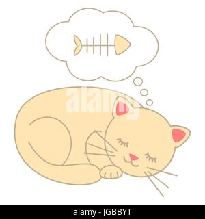 cute cartoon sleeping cat dreaming fish bone vector illustration isolated on white background Stock Vector